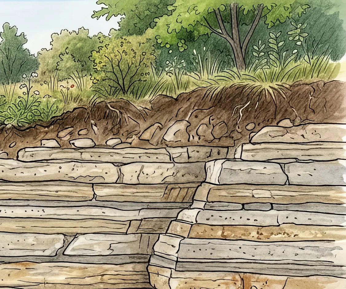 An illustrated cross-section of southeast Minnesota geology, with layered limestone bedrock sitting just under a thin layer of topsoil and the trees and grasses above it.
